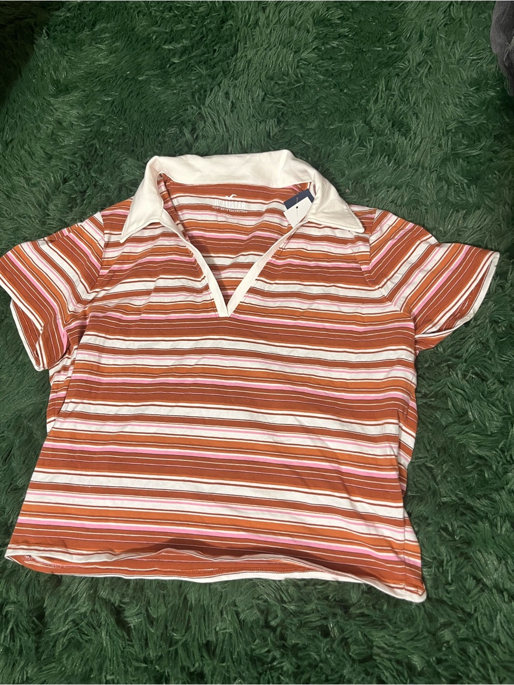 Pink and Brown striped polo crop top